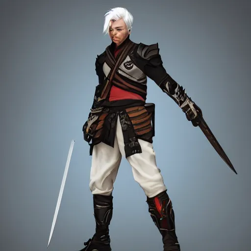 Image similar to character concept art of a male hero with two katanas by Ozan Pulat and Xiaochen Guo, white hair, young man, trending on artstation 4k, unreal engine,