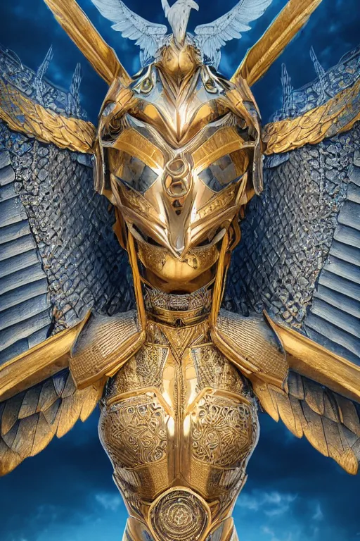 Image similar to realistic detailed photo of angelic valkyrie, soaring through the sky, blue eyes, woven armour with bird sigil, intricate complexity, Behance, golden ratio, fibanci background, vray, rich deep colors