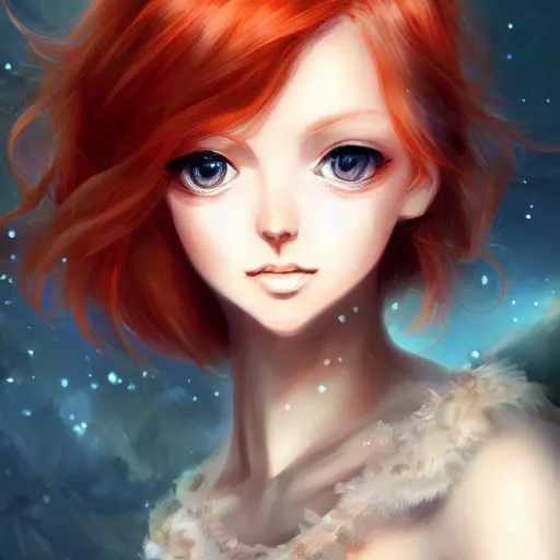 Prompt: portrait of a beautiful cute redhead from anime with big blue eyes, fantasy, intricate, elegant, highly detailed, digital painting, artstation, concept art, smooth, sharp focus, illustration, landscape on background