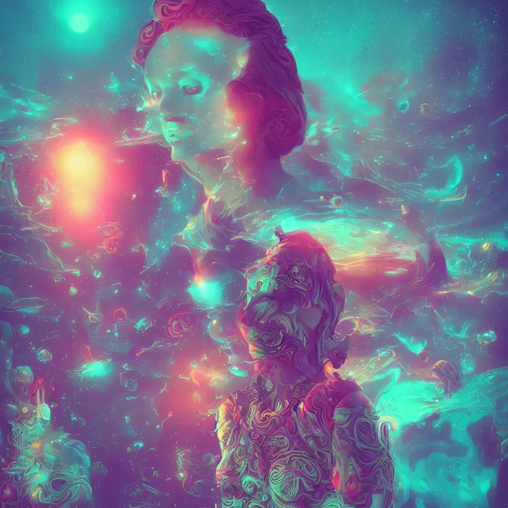 Prompt: a goddess of a world full of life divine thrill of the biological tranquil sky, atoms floating, horror, artwork by beeple and lisa frank, fantasy, intricate, highly detailed, artstation