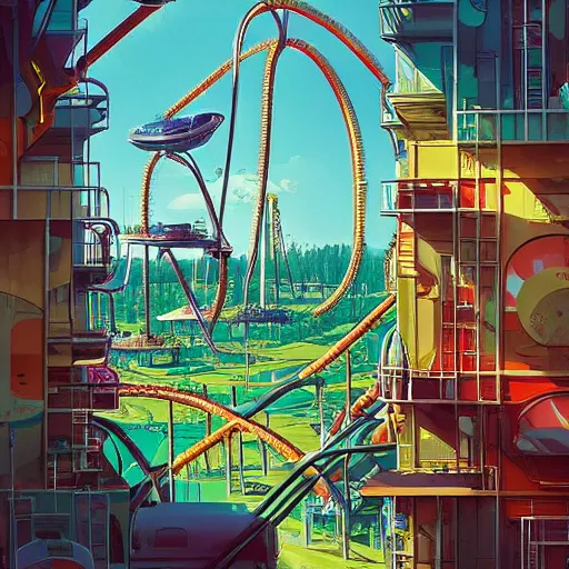 Prompt: a man standing in a futuristic penthouse apartment looking out onto an endless horror amusement park, artwork by simon stalenhag