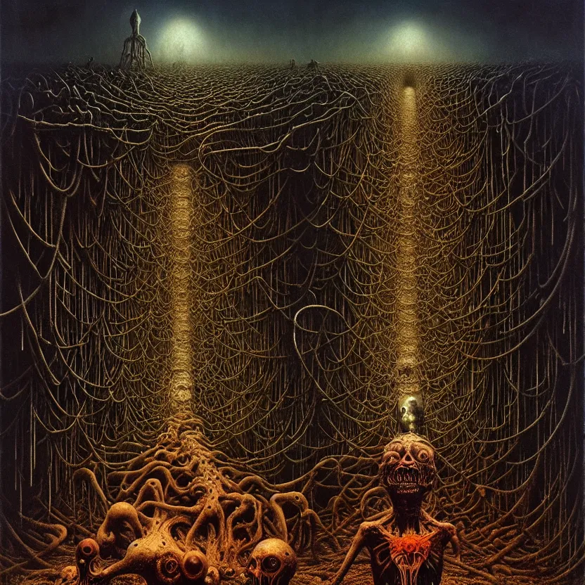 Prompt: a bizarre industrial nightmare full of unspeakable creatures, cosmic horror, by zdzisław beksinski and greg rutkowski and esao andrews and salvador dali, oil on canvas, technology, abstract, surreal, hell, horror, dark, intricate textures