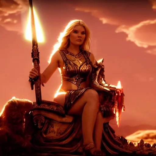 Image similar to cinematic scene with elisha cuthbert on a majestic throne as the goddess of war, dramatic, small details, volumetric lighting, still frame