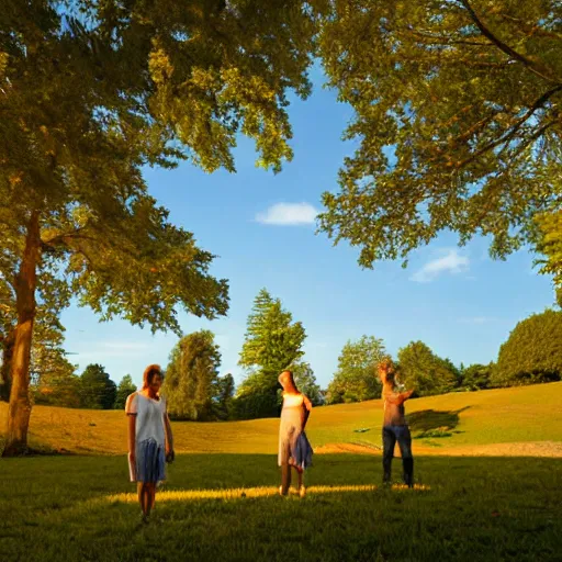 Image similar to Photograph. Conceptual art, the warm, golden light of the sun casts a beautiful glow on the scene, and the gentle breeze ruffles the leaves of the trees. The figures in the conceptual art are engaged in a simple activity, the way they are positioned and the expressions on their faces suggest a deep connection. Peace and contentment, idyllic setting. Shutterstock by Brian Despain, by Andrew Macara washed-out