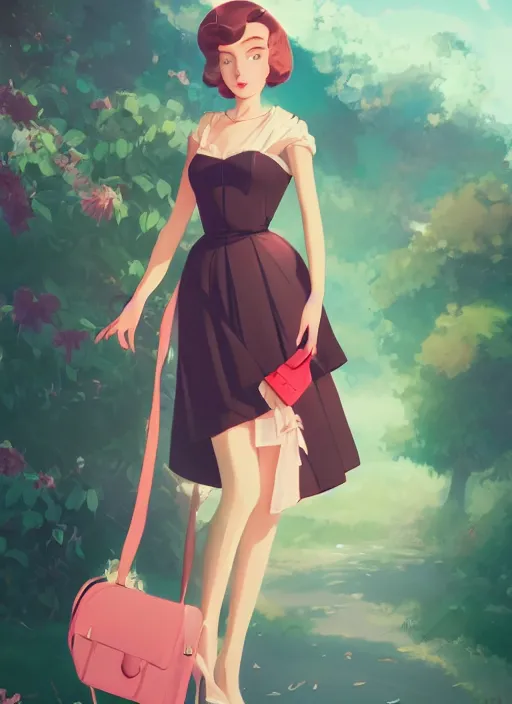 Image similar to a beautiful woman in 1950\'s fashion, park landscape, 4k, anime key visual, lois van baarle, ilya kuvshinov, rossdraws, artstation