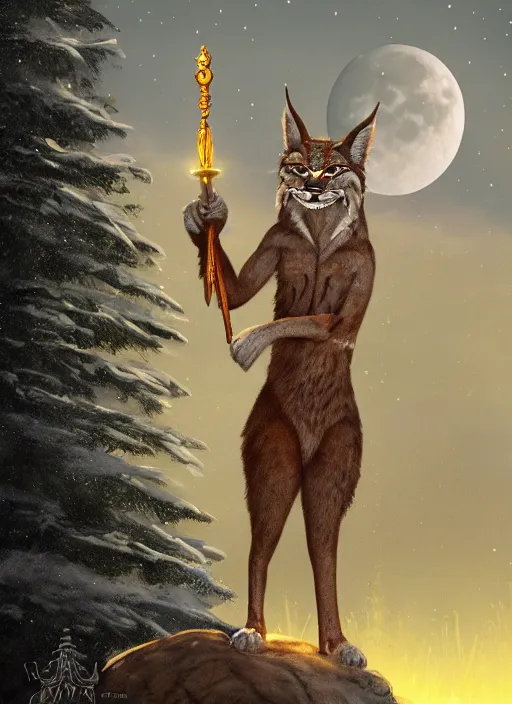 Image similar to anthropomorphic lynx holding a golden shiny scepter, night, spruce trees on the sides, mountains in the background, eerie dark atmosphere, moonlit, back light, fantasy movie, fantasy art, fantasy matte painting, trending on artstation