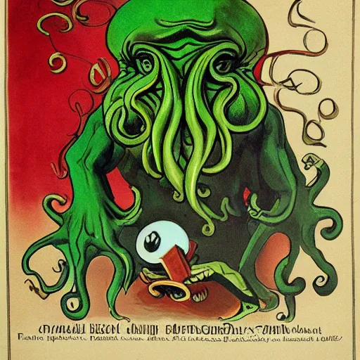 Prompt: parisian caricature of cthulhu