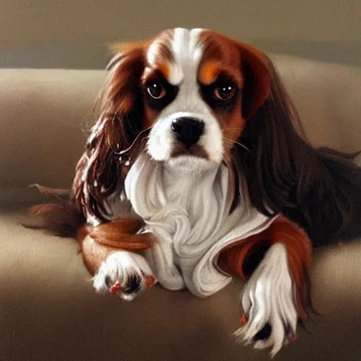 Image similar to a cavalier king charles spaniel who is really bored, tired, lying on a sofa with pillows, oil on canvas, by artgerm and greg rutkowski