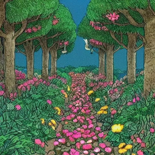 Prompt: Cat holding flower forest walkway, Ghibli art style