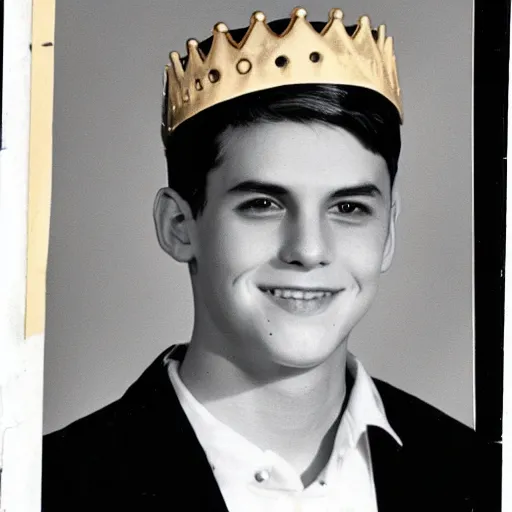 Image similar to a yearbook photo of Jughead Jones in 1966, he is wearing a hat that resembles a crown