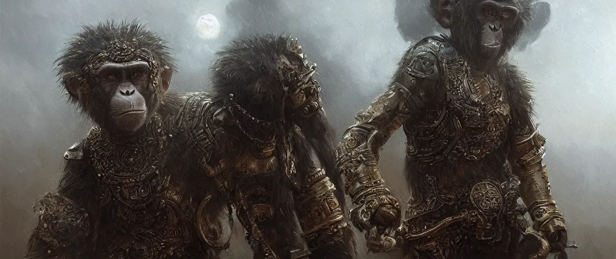 Image similar to Hyper realistic oil painting a monkey wearing ornate metal armor, fog, volumetric lighting, nighttime, moonlight, creepy, by greg rutkowski