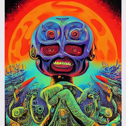 Prompt: a painting of a strange alien is featured in this cover, poster art by victor moscoso, behance contest winner, psychedelic art, concert poster, poster art, psychedelic