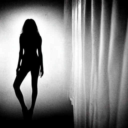 Image similar to a woman whos body is static losing frequency phasing out, dark eerie photo taken by digital hollywood