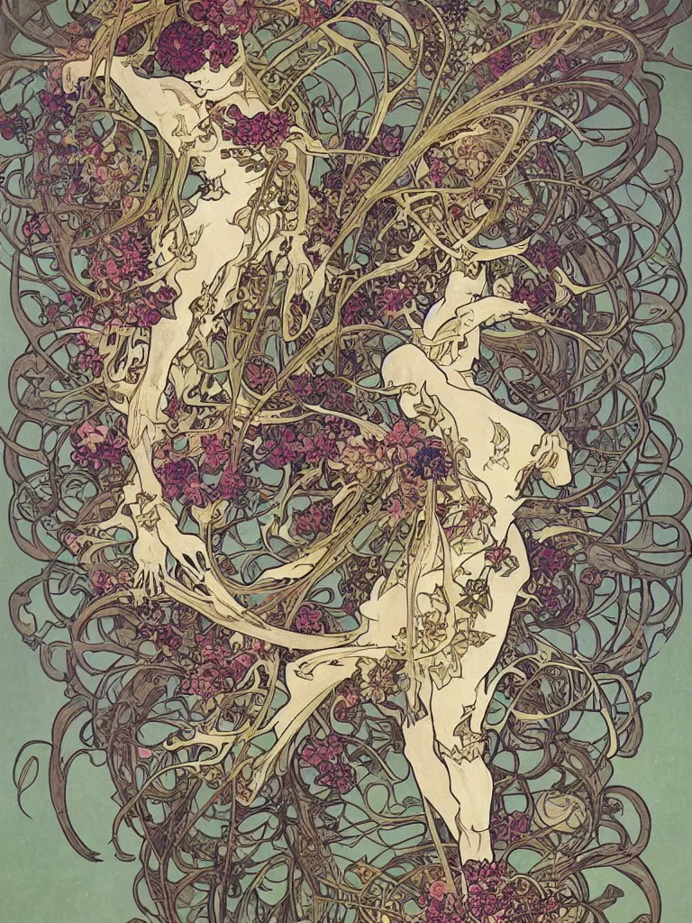 Prompt: a skeleton covered in flowers in a dynamic pose, art nouveau patterns, alphonse mucha, james jean, peter mohrbacher, highly detailed, soft lighting,