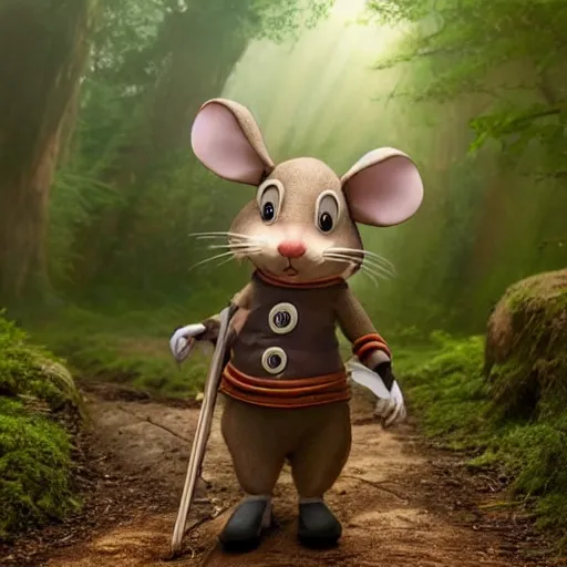 Image similar to an anthropomorphic mouse dressed in medieval clothing, studio Ghibli, walking through a lush forest