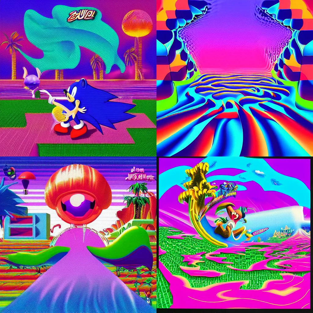 Prompt: surreal, sharp, detailed professional, high quality airbrush vaporwave art MGMT album cover of a liquid dissolving LSD DMT sonic the hedgehog surfing through pixel lands, purple checkerboard background, 1990s 1992 Sega Genesis video game album cover sonic