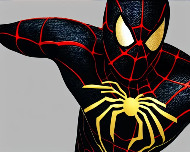 Image similar to photorealistic sketch of black spider - man with gold webbing