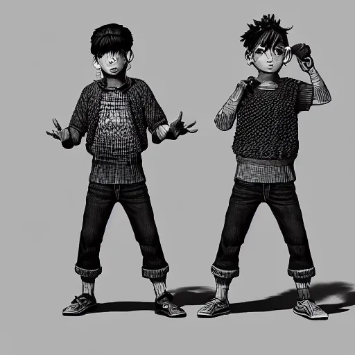 Image similar to rpg character concept art, twin brothers being cute and gangsta, intricate detail, in the style of jamie hewlett kawase hasui riyoko ikeda, 3 d render, artstation trending, 8 k, octane render, photorealistic, sharp detail, manga, black and white