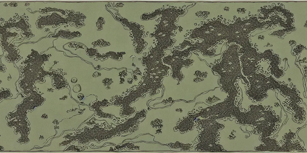 Prompt: map by tolkien, isometric fantasy world, caves and lush forests, mountains and rivers and cities, detailed masterpiece lithography, moebius