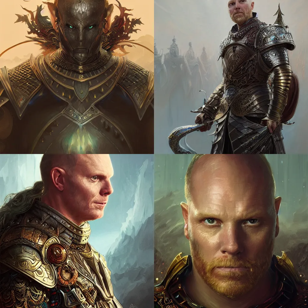 Prompt: portrait of Bill Burr wearing armor, D&D, fantasy, elegant, intricate, headshot, highly detailed, digital painting, artstation, concept art, sharp focus, illustration, art by artgerm and greg rutkowski and alphonse mucha