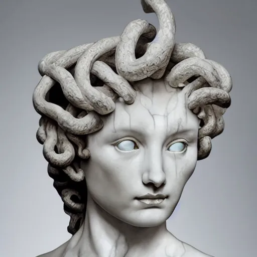 Image similar to medusa sculpture hyperrealistic style made by michelangelo, made with carrara marble