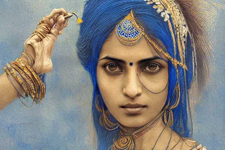 Image similar to an indian women getting water,digital painting, Pre-Raphaelites, highly detailed, concept art, smooth, sharp focus, gold and indigo, illustration, cinematic style, 35mm, art by Yoshitaka Amano