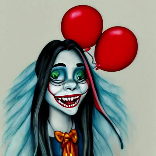 Image similar to grunge cartoon painting of kylie jenner with a wide smile and a red balloon by chris leib, loony toons style, pennywise style, corpse bride style, horror theme, detailed, elegant, intricate