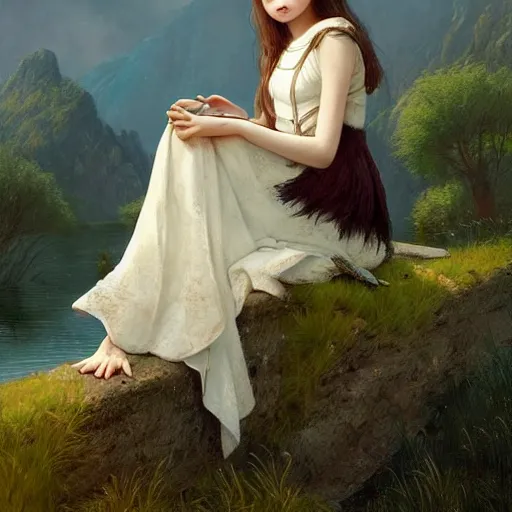 Prompt: Cute young Harpy, wearing medieval clothes, sad expression, sitting at a pond, mountainous area, trees in the background, oil painting, by Greg Rutkowski