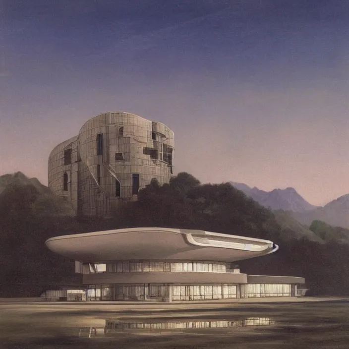 Image similar to a building in a serene landscape, retrofuturism