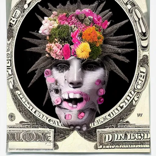 Prompt: post - punk new age album cover, white fabric banner on the top, asymmetrical design, dollar bank notes, capitalism, magic, apocalypse, psychedelic, black white pink, magic, giger h. r., giuseppe arcimboldo