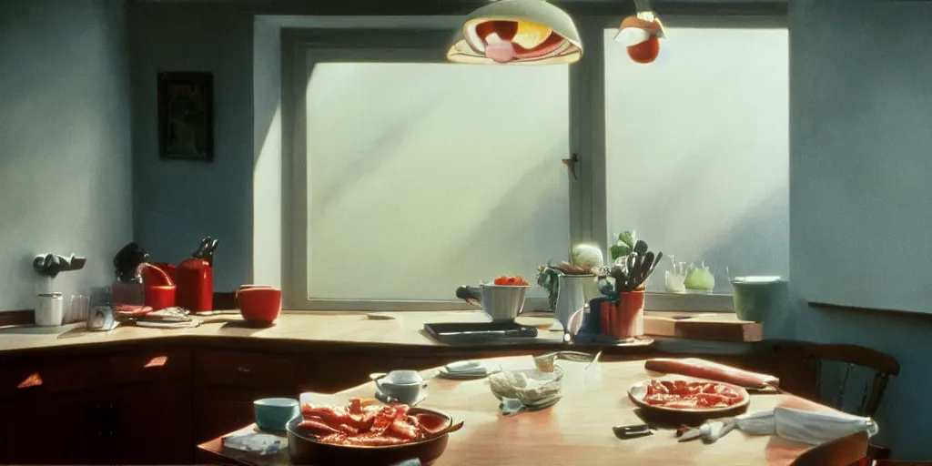 Prompt: a scene from a 9 0 s movie depicting the following :'a rainy day where a couple in love in their kitchen are serenading to the sizzling bacon in the cast iron pan.'foggy morning light | focal point on the pan and bacon | hd | ektachrome | professional | edward hopper