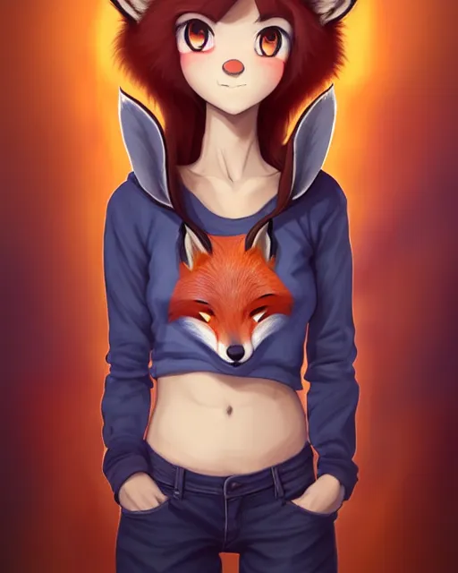 Image similar to fullbody portrait of wild half - fox woman with fox nose and ears, wearing summer jeans shorts and tshirt, anime art, concept art, detailed attractive face with fox nose and fox mouth, symmetrical, trending on pixiv, by lois van baarle by sung choi by john kirby artgerm style pascal blanche and magali villeneuve