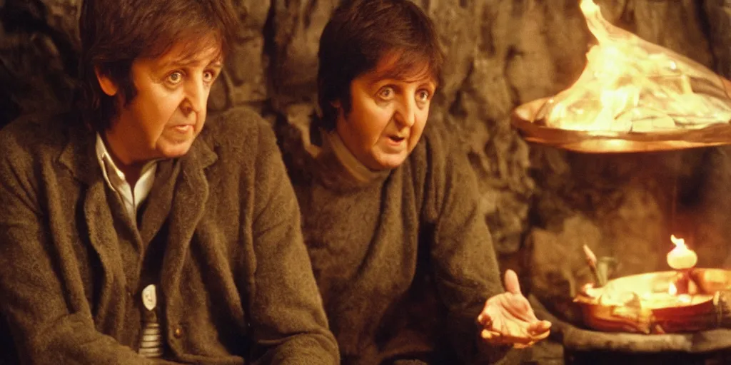 Prompt: A full color still of Paul McCartney looking at his palm, dressed as a hobbit inside his house at night with firelight, directed by Stanley Kubrick, 35mm, 1970