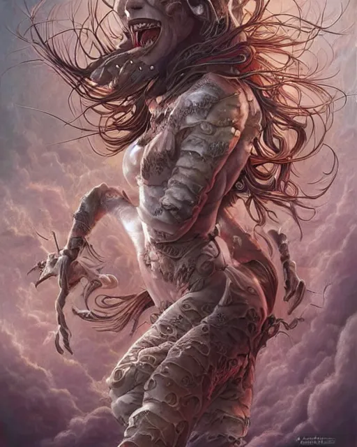 Prompt: death is swallowed up in victory, very detailed and beautiful womans face, screaming with fear, artwork by artgerm, centered shot, wide angle, full body, elfpunk, artwork by naoto hattori, landscape art by john howe