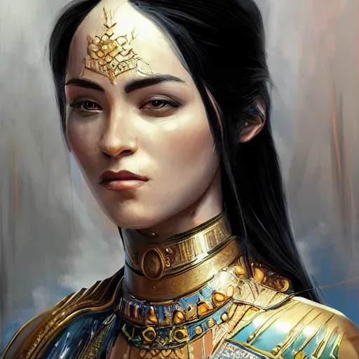 Prompt: painted portrait of tomyris, central asian queen of massagetae, black hair, mature, aesthetic, muscular, beautiful, fantasy, intricate, elegant, highly detailed, digital painting, artstation, concept art, smooth, sharp focus, illustration
