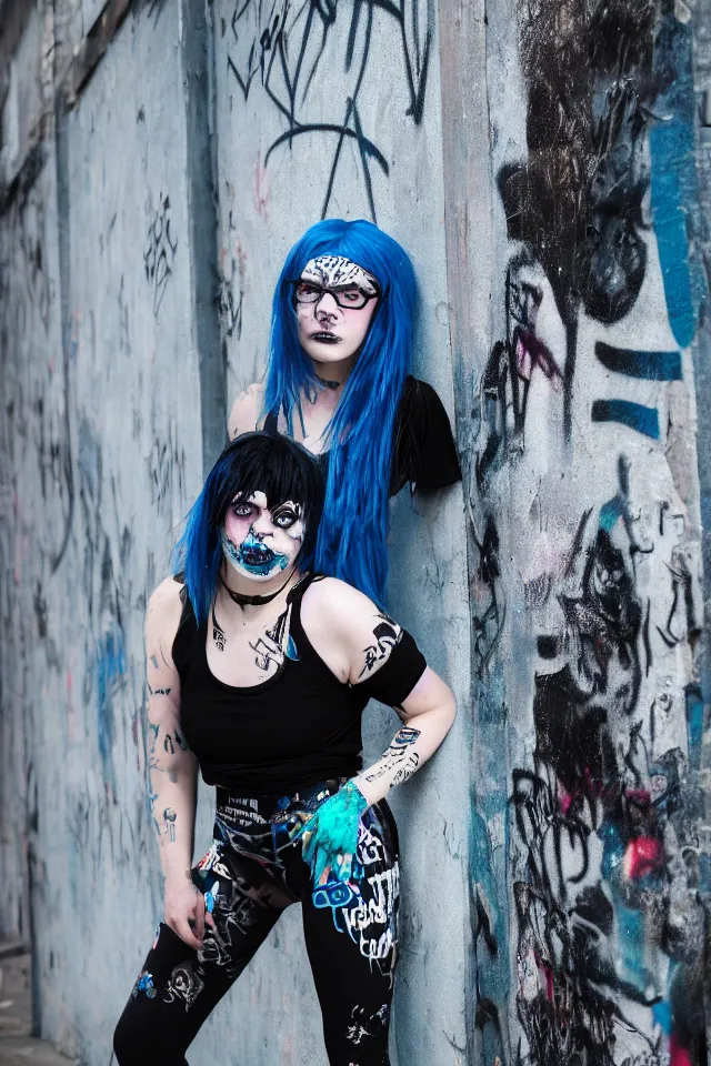 Image similar to a portrait of a grunge emo girl who has blue hair, a nose ring, black nails, fish net leggings, and is outside of a abandoned building with graffiti on it. Shallow depth of field. 4k hyperdetailed. Rendered with octane.
