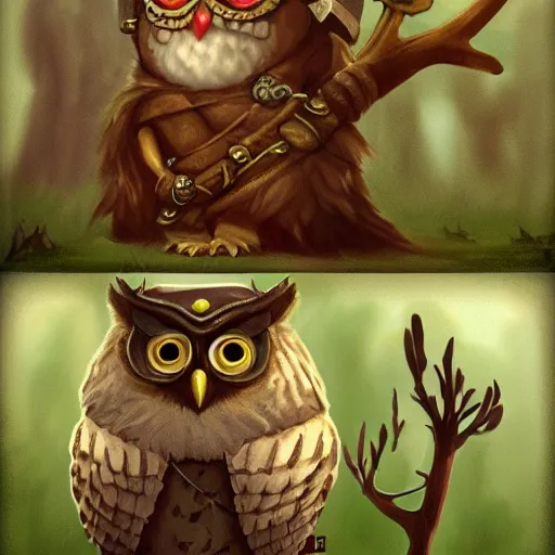 Image similar to A highly detailed, cute anthropomorphic owl wearing a horned viking helmet and shield standing in front of a tree. Artstation.