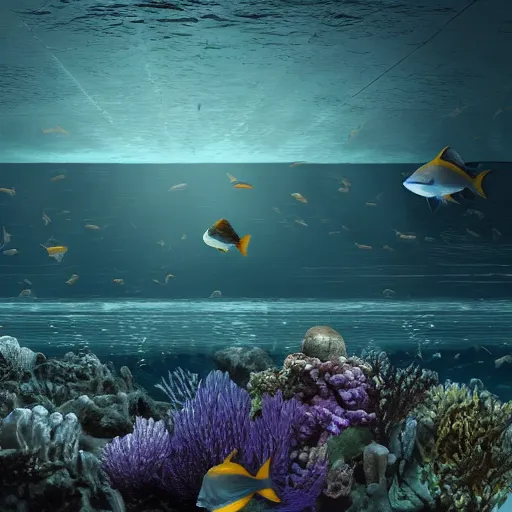 Image similar to underwater, Westminster palace, deep underwater, fish shoal, concept art in style of Greg Rutkowki, dynamic moody lighting, 4k, very highly detailed, hyper realistic