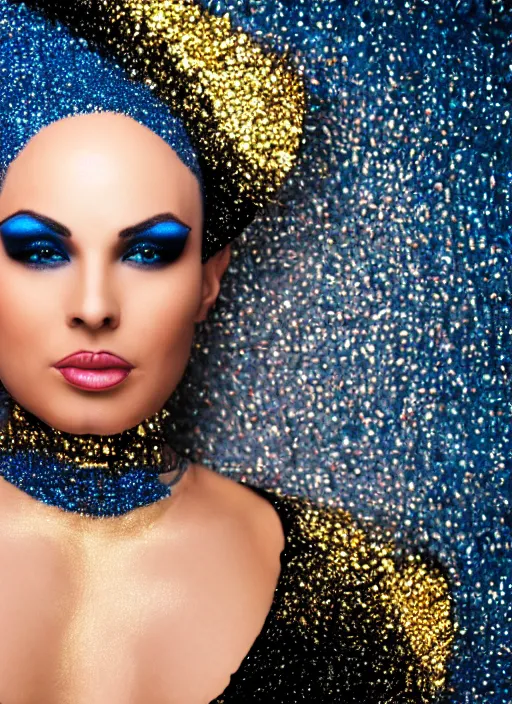 Image similar to wide shot photo of a beautiful bald woman with blue irises, gold and black makeup, tanned skin, dancing in gold rainstorm of glitter