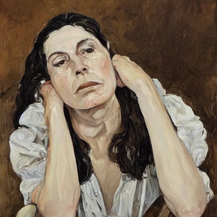 Prompt: a portrait of mira furlan, serene, dramatic, tragic, by elizabeth payton, by lucien freud