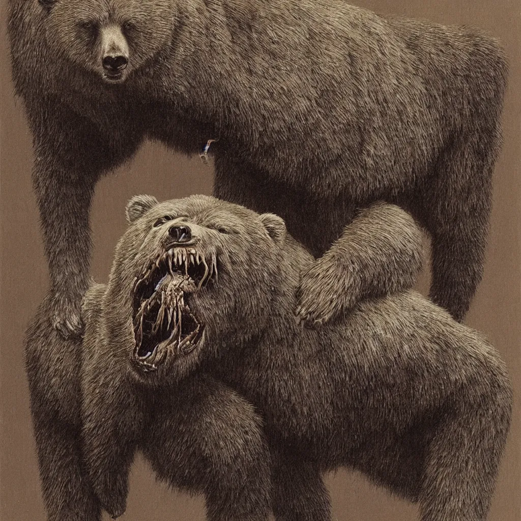 Image similar to horrifying bear creature, fangs, style of zdislaw beksinski