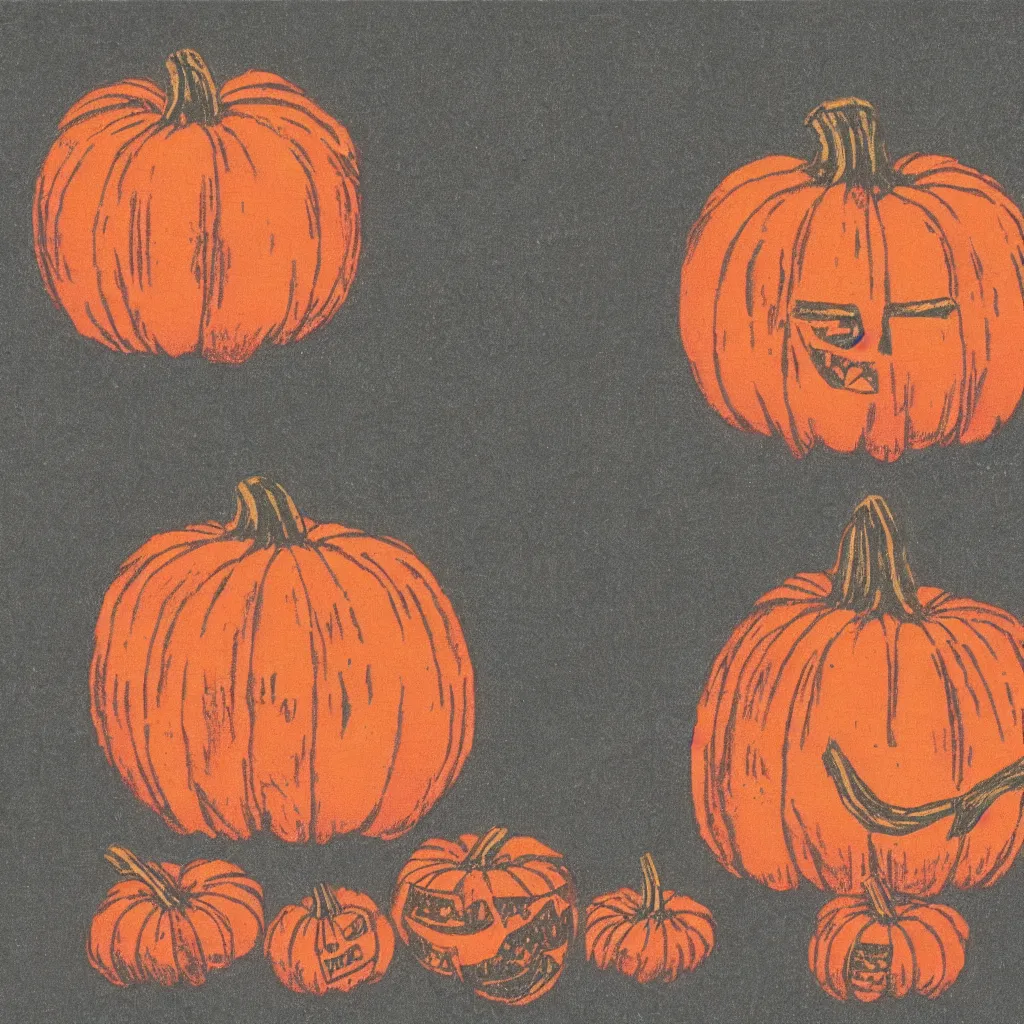 Prompt: vintage risograph of one pumpkin