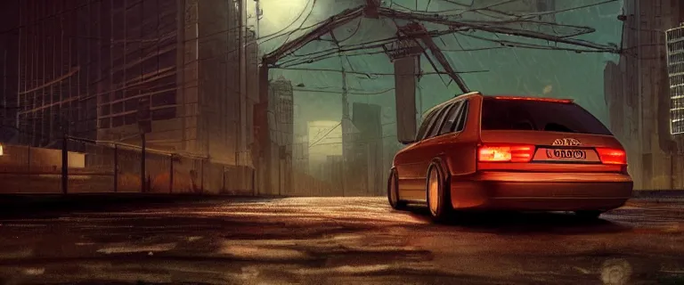 Prompt: Audi A4 B6 Avant (2002), a gritty neo-noir, dramatic bright lighting, cinematic, establishing shot, extremely high detail, photorealistic, cinematic lighting, artstation, by simon stalenhag, Max Payne (PC) (2001)
