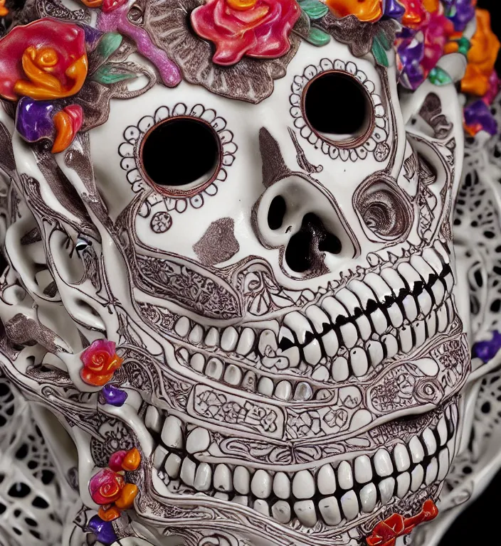 Image similar to La Catrina, A Close up photo-real delicate ceramic porcelain sculpture of a symmetrical ornate detailed in front of an intricate background by Victo Ngai and takato yamamoto, micro detail, backlit lighting, face in focus, subsurface scattering, translucent, thin porcelain, octane renderer, colorful, physically based rendering, japanese pottery, trending on cgsociety