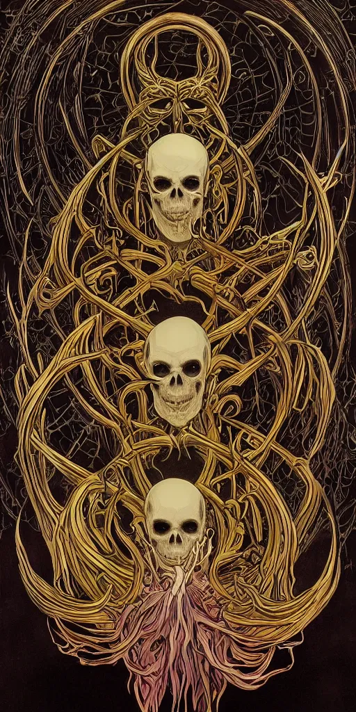 Image similar to intense glowing black metal pagan god with horns and spider eyes and spider legs with a skull in very dark void by josan gonzales and moebius and alphonse mucha, portrait, studio muti, malika favre, rhads, makoto