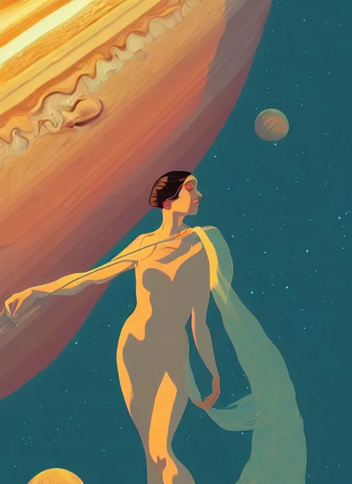 Image similar to poster artwork by michael whelan and tomer hanuka, portrait of beautiful sensual dancer in the clouds of jupiter, clean, art deco