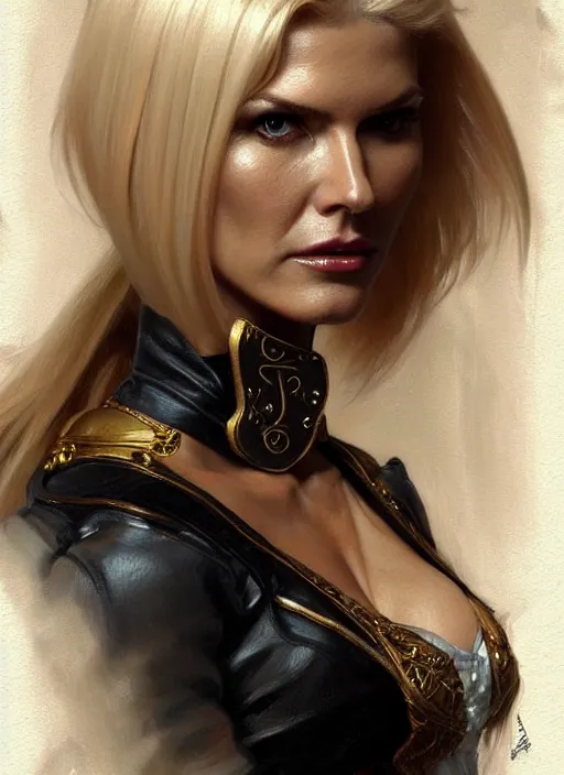 Image similar to portrait of victoria silvstedt as a lady, collar and leash, leather, greek, intricate, headshot, highly detailed, digital painting, artstation, concept art, sharp focus, cinematic lighting, illustration, art by artgerm and greg rutkowski, alphonse mucha, cgsociety
