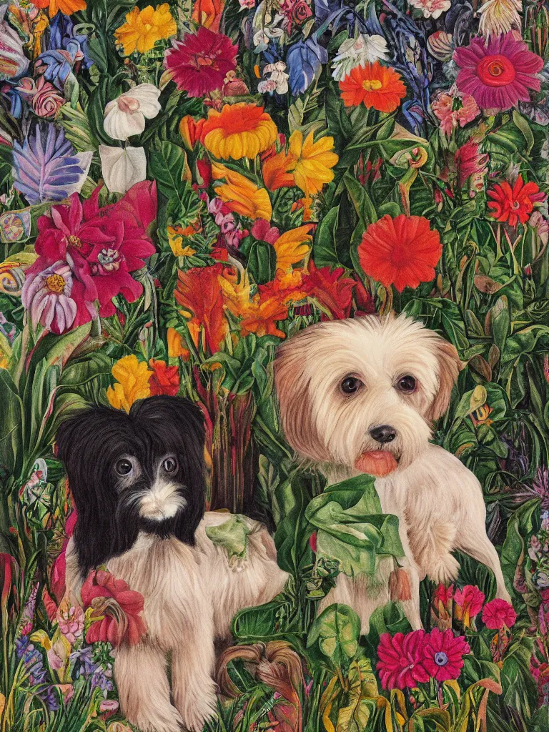 Image similar to a cream colored havanese dog, surreal background, plants and flowers, mexican art, naive art, by frida kahlo