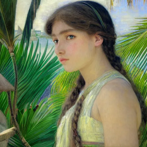 Image similar to a ultradetailed beautiful painting of a girl in the amazonas palace balustrade designed by jules bastien - lepage, tarsila do amaral, frank weston and gustave baumann, beach, trending on artstation, mediterranean, palm trees, hyper detailed face, sharp focus, soft light, 8 k 4 k