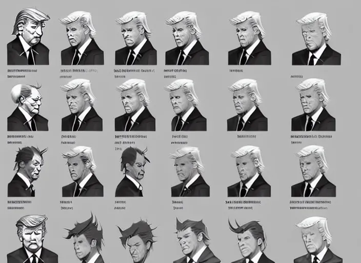 Prompt: character model sheet of donald trump by greg rutkowski, by studio ghibli and ross tran, digital art, trending on artstation, highly detailed, illustration, concept art, elegant, beautiful, masterpiece